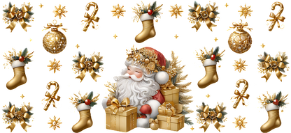 A festive illustration featuring Santa surrounded by gold-themed Christmas decorations, including gifts, stockings, ornaments, and holiday greenery.UV Transfers dtf transfers