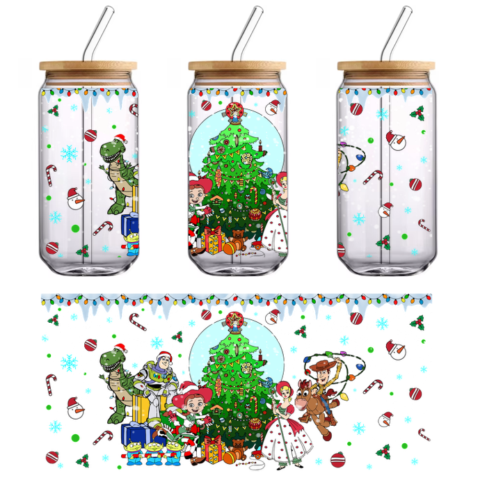 A festive illustration featuring beloved Toy Story characters around a decorated Christmas tree, surrounded by snowflakes and cheerful holiday elements.UV Transfers