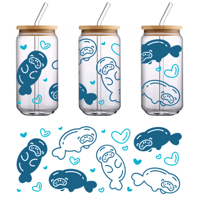 A playful pattern featuring cartoon manatees surrounded by cute hearts.UV Transfers