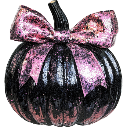 This stylish black pumpkin is adorned with sparkling pink sequins and topped with a chic bow, perfect for Halloween decor.