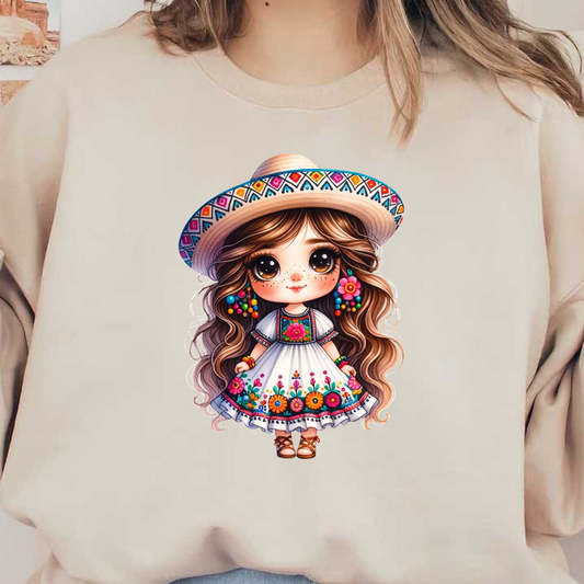 Adorable doll wearing a colorful embroidered dress and a wide-brimmed hat, complete with vibrant accessories and long wavy hair.dtf regular iron