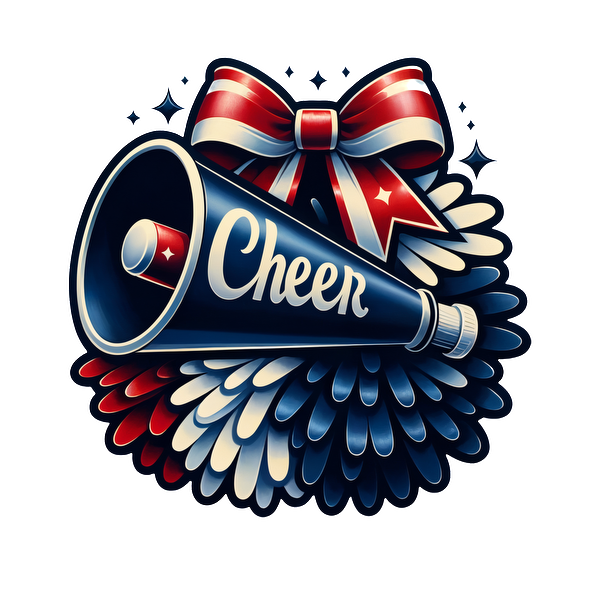 A vibrant cheerleading megaphone adorned with a festive bow and colorful pom-poms, celebrating team spirit and enthusiasm.DTF Transfersdtf regular iron