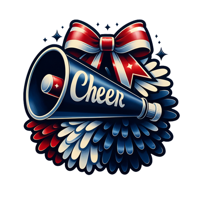 A vibrant cheerleading megaphone adorned with a festive bow and colorful pom-poms, celebrating team spirit and enthusiasm.DTF Transfersdtf regular iron