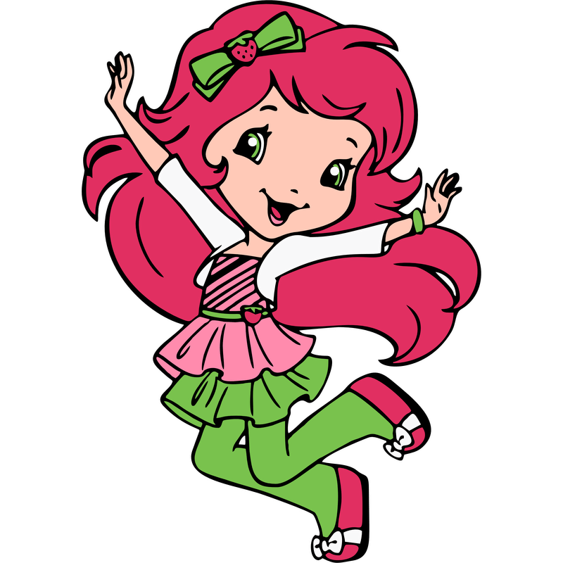 This cheerful character features vibrant pink hair, a playful outfit with a green and pink theme, and a cute strawberry bow!DTF Transfers