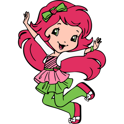 This cheerful character features vibrant pink hair, a playful outfit with a green and pink theme, and a cute strawberry bow!DTF Transfers