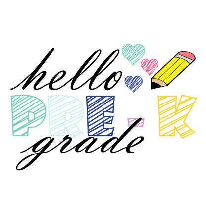 Colorful “PRE-K” text design featuring playful hearts and a pencil, perfect for early childhood education themes!DTF Transfers