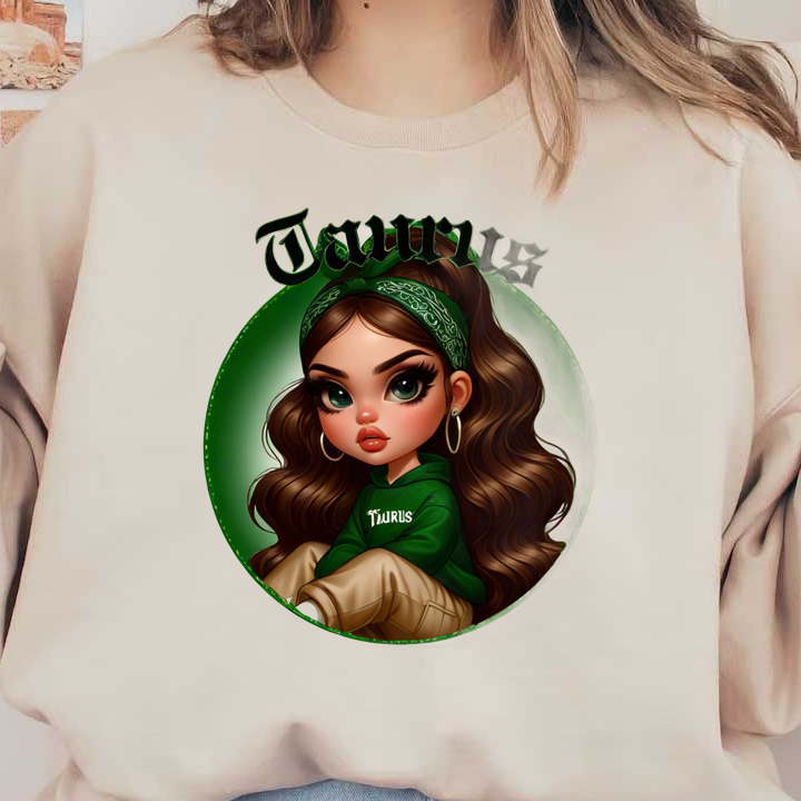 Esta vibrante ilustración presenta un personaje elegante con una sudadera con capucha verde con la palabra "Tauro" estampada, que muestra una personalidad vivaz.