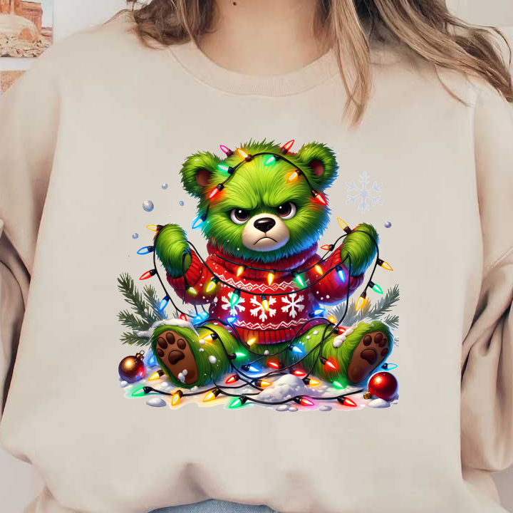 A playful green bear wearing a festive red sweater is tangled in colorful Christmas lights, bringing a humorous holiday spirit.DTF Transfers dtf prints