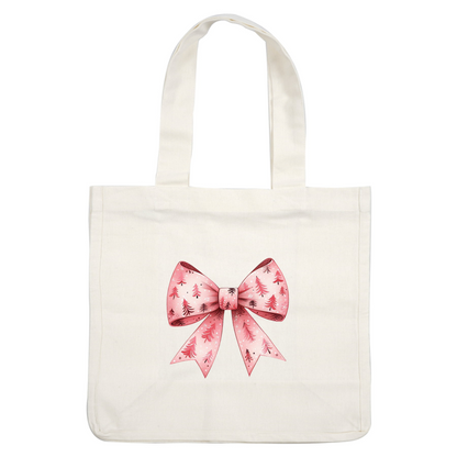 A charming pink bow adorned with festive trees and snowflakes, perfect for holiday decorations or gift wrapping. heat press transfers