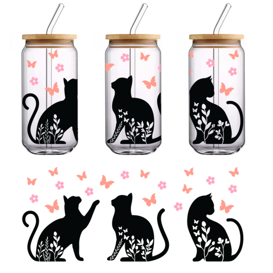 Set of three cat wall stickers with floral designs.UV Transfers