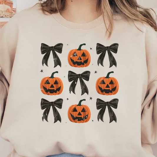 Un diseño divertido con temática de Halloween que incluye alegres linternas de calabaza y elegantes lazos negros dispuestos en un patrón de cuadrícula.