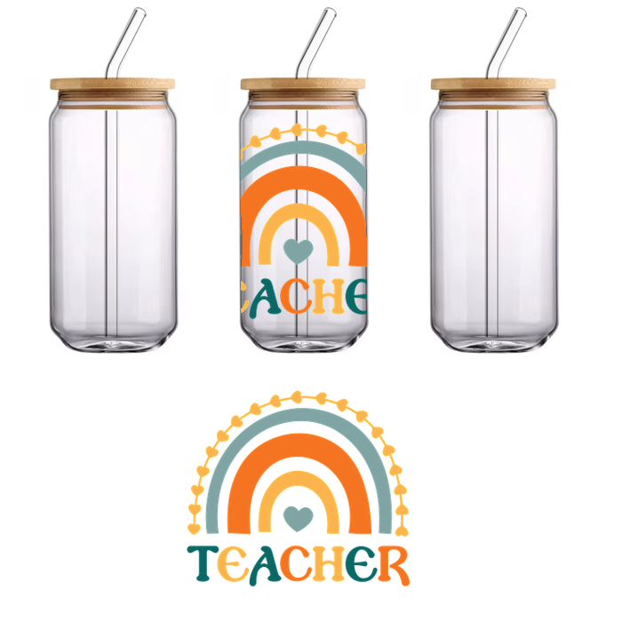 A colorful and cheerful design featuring a rainbow and the word "TEACHER" in playful letters, symbolizing appreciation for educators.UV Transfersdtf regular iron