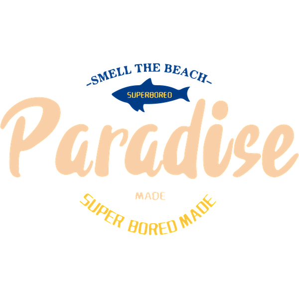 Un logotipo divertido que presenta la palabra "Paraíso" y promueve un ambiente playero con el lema "Huele la playa" y gráficos divertidos.