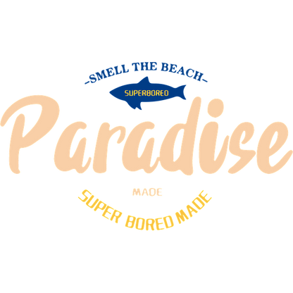 Un logotipo divertido que presenta la palabra "Paraíso" y promueve un ambiente playero con el lema "Huele la playa" y gráficos divertidos.