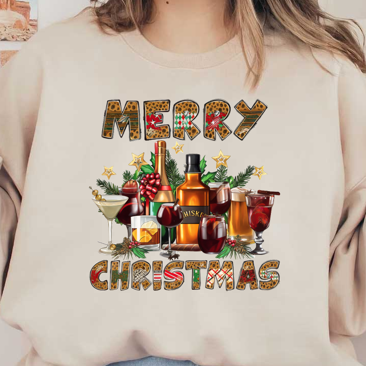 Celebrate the season with festive drinks and a cheerful "Merry Christmas" greeting surrounded by holiday decorations. dtf prints