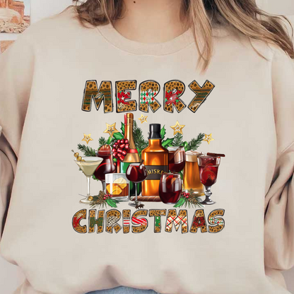 Celebrate the season with festive drinks and a cheerful "Merry Christmas" greeting surrounded by holiday decorations. dtf prints