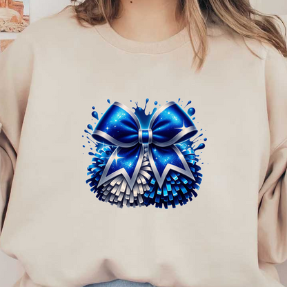 A vibrant blue gift bow adorned with silver accents and sparkling textures, perfect for festive occasions.DTF Transfers heat press transfers