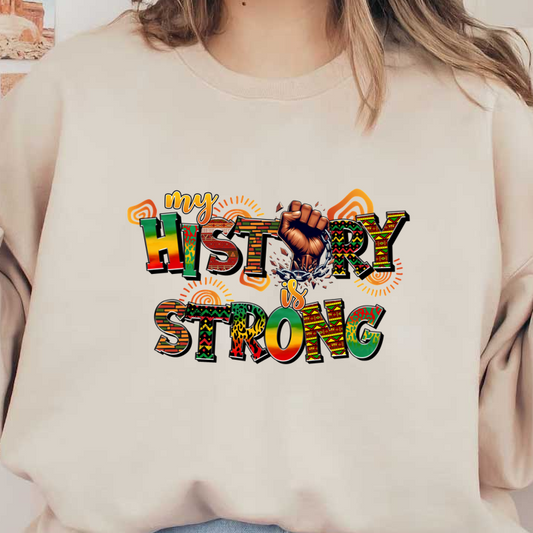 Un gráfico vibrante que presenta la frase empoderadora "mi HISTORIA es FUERTE" con un puño levantado y letras coloridas y estampadas.