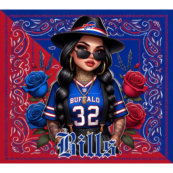 A vibrant illustration features a stylish woman in a Buffalo Bills jersey surrounded by blue and red roses, embodying team spirit. heat press transfers