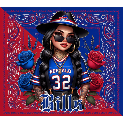 A vibrant illustration features a stylish woman in a Buffalo Bills jersey surrounded by blue and red roses, embodying team spirit. heat press transfers