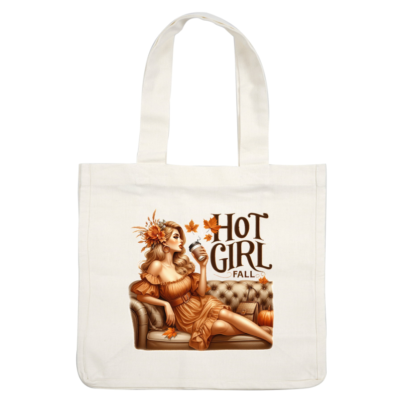 A stylish woman in a cozy fall setting sips coffee, wearing a chic, orange dress adorned with autumn decor. heat press transfers