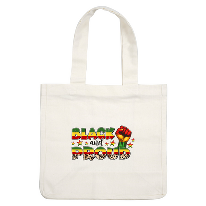 A colorful and vibrant design featuring the words "Black and Proud" with a raised fist symbol and festive patterns. dtf prints