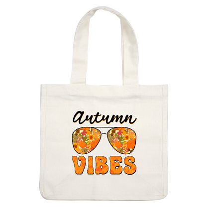 Fall-themed graphic featuring vibrant sunglasses filled with autumn leaves and pumpkins.DTF Transfers