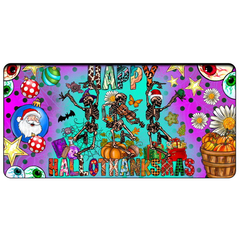 A whimsical and colorful design featuring dancing skeletons celebrating a fusion of Halloween, Thanksgiving, and Christmas with vibrant decorations.DTF Transfers dtf transfers