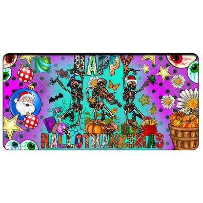 A whimsical and colorful design featuring dancing skeletons celebrating a fusion of Halloween, Thanksgiving, and Christmas with vibrant decorations.DTF Transfers dtf transfers