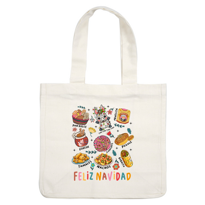 Celebrate the festive spirit with this vibrant illustration of traditional holiday treats, colorful decorations, and a cheerful character, all wishing "Feliz Navidad!"DTF Transfersdtf regular iron