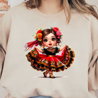 Una encantadora joven con un vibrante vestido tradicional, adornado con detalles florales y una expresión alegre, lista para bailar.