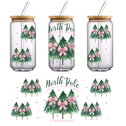 Festive design featuring lush green Christmas trees adorned with pink bows, highlighting the cheerful theme of "North Pole Christmas Tree Farm."UV Transfers dtf prints