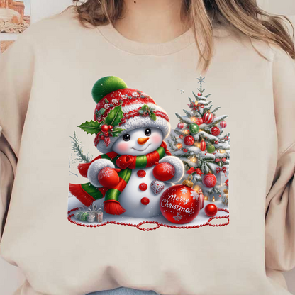 A cheerful snowman in a festive hat and scarf, surrounded by Christmas decorations and a beautifully adorned tree.DTF Transfers dtf prints