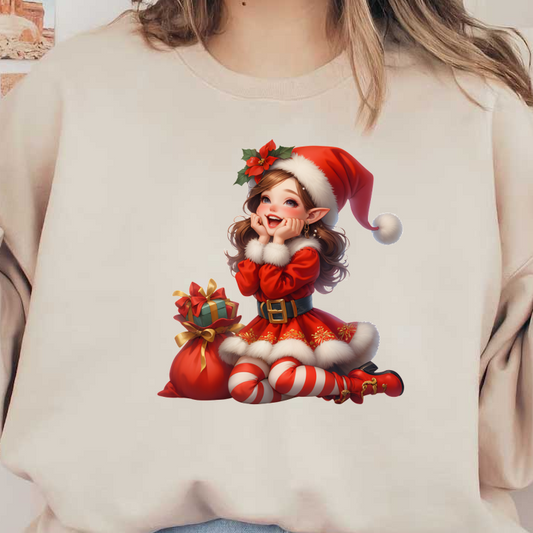 A cheerful elf girl in a festive red outfit with a Santa hat, surrounded by colorful gift bags, embodying holiday spirit.DTF Transfers heat press transfers