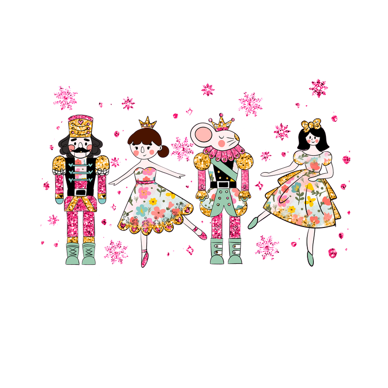 A whimsical illustration featuring a nutcracker soldier, a cheerful girl, a dancing mouse, and a girl in a floral dress, surrounded by colorful flowers.DTF Transfers dtf transfers