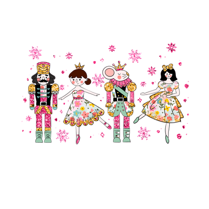 A whimsical illustration featuring a nutcracker soldier, a cheerful girl, a dancing mouse, and a girl in a floral dress, surrounded by colorful flowers.DTF Transfers dtf transfers