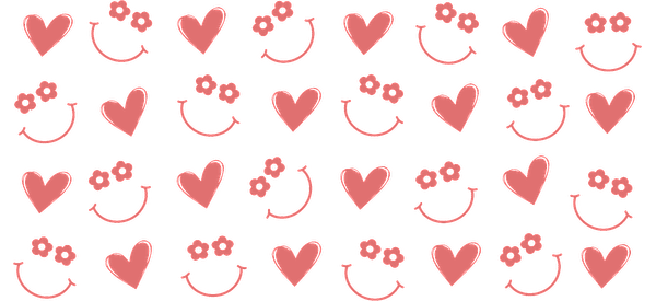 A charming pattern featuring hearts, smiling faces, and floral accents in soft pink tones, perfect for cheerful designs.UV Transfers heat press transfers