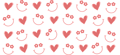 A charming pattern featuring hearts, smiling faces, and floral accents in soft pink tones, perfect for cheerful designs.UV Transfers heat press transfers