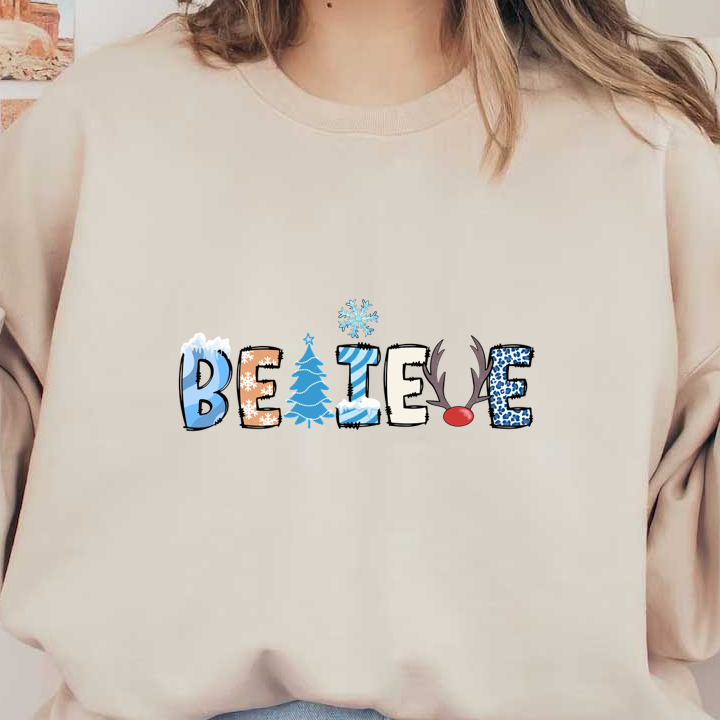 Festive "BELIEVE" text design featuring icy patterns, a Christmas tree, snowflakes, and reindeer antlers, perfect for holiday cheer! dtf prints