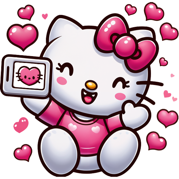 Cute Hello Kitty character taking a selfie in a pink outfit surrounded by floating hearts, radiating joy and happiness.DTF Transfers dtf transfers