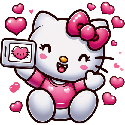 Cute Hello Kitty character taking a selfie in a pink outfit surrounded by floating hearts, radiating joy and happiness.DTF Transfers dtf transfers