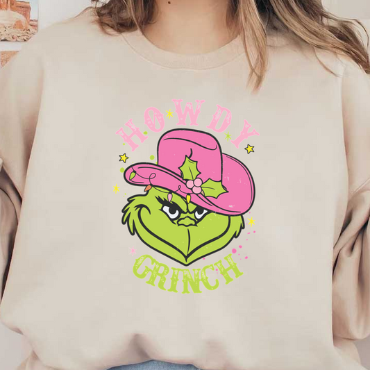 A quirky design featuring the Grinch in a bright pink cowboy hat, complete with festive holly and playful lettering.DTF Transfersdtf regular iron