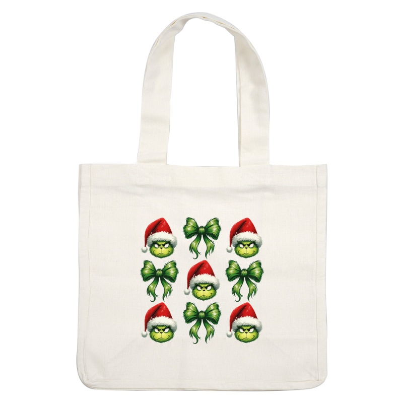 A festive pattern featuring the Grinch in a Santa hat and vibrant green bows, perfect for holiday decorations. dtf prints