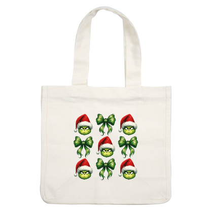 A festive pattern featuring the Grinch in a Santa hat and vibrant green bows, perfect for holiday decorations. dtf prints