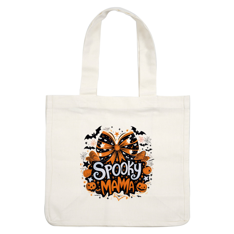 Un divertido diseño con temática de Halloween que presenta las palabras "Spooky Mama" en medio de calabazas y un lazo festivo en naranja y negro.