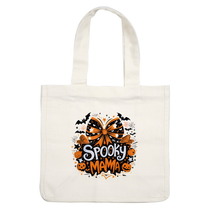 Un divertido diseño con temática de Halloween que presenta las palabras "Spooky Mama" en medio de calabazas y un lazo festivo en naranja y negro.