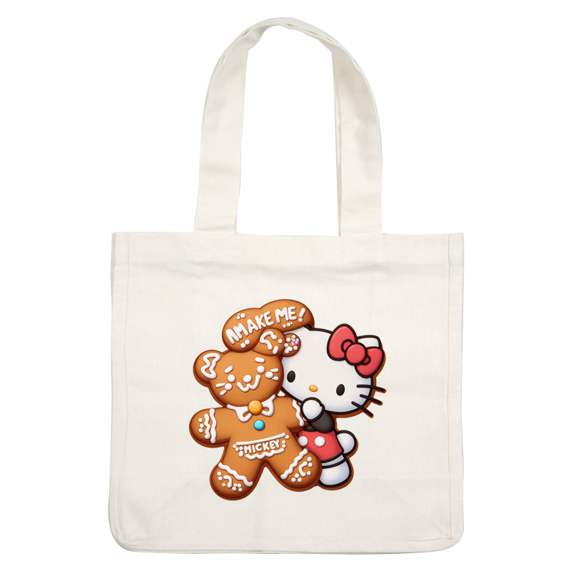 A cute gingerbread cookie, shaped like Mickey Mouse, is playfully embraced by Hello Kitty, showcasing festive charm and whimsy.DTF Transfers dtf prints