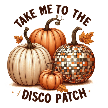 Una divertida ilustración que presenta cuatro calabazas, incluida una calabaza con forma de bola de discoteca, con el divertido texto "Llévame a la discoteca".