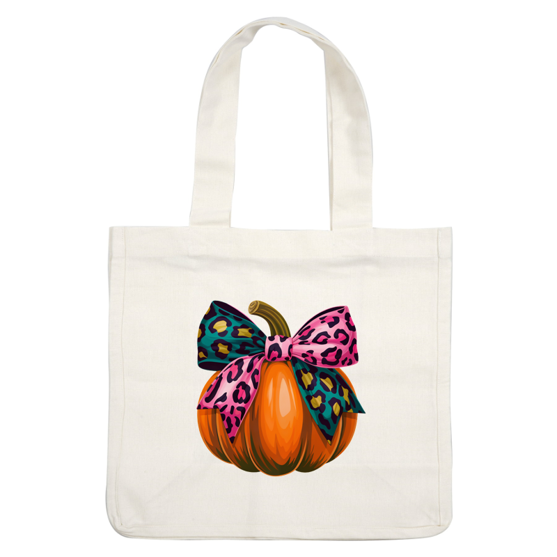 Una calabaza de color naranja vibrante adornada con un elegante lazo con estampado de leopardo rosa y verde azulado, perfecto para una estética otoñal divertida.