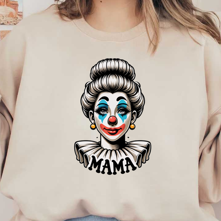 Una divertida ilustración de payaso que presenta un personaje alegre con un maquillaje vibrante y una pancarta de "MAMA", diseñada artísticamente.